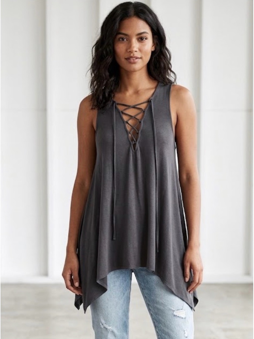 American Eagle Outfitters Soft & Sexy Charcoal Lace-Up Top